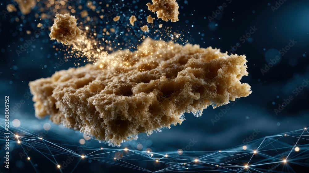 © Oulaphone - A digital representation of a floating sponge efficiently absorbing and removing unwanted elements, symbolizing cleanliness and purification in a modern context.