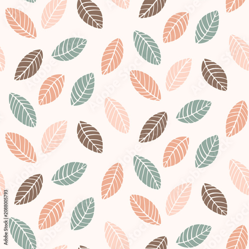 
Hand drawn scattered leaves and silhouettes as a minimalist foliage pattern in colors of peach, cream, teal and brown on off white. Botanical seamless vector pattern. Great for home decor, fabric.