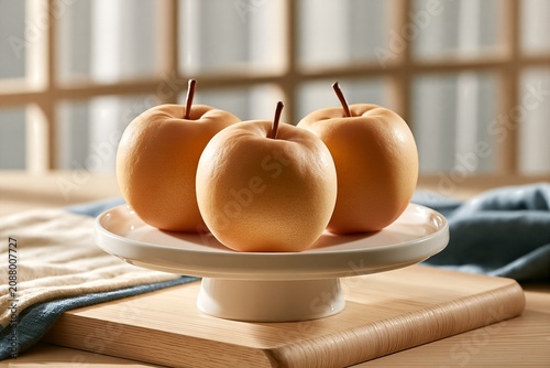 Korean naju pear on white porcelain cake stand, premium chuseok fruit still life
