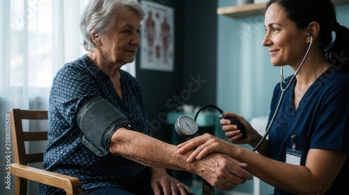 Healthcare Professional Checks Senior Patient Blood Pressure During Examination