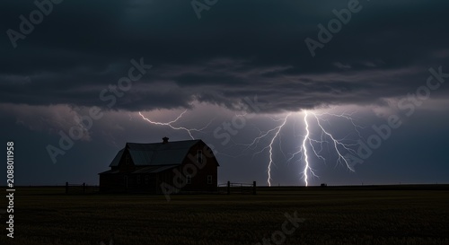 A house stands alone in a field as a lightning storm approaches quickly outdoors at night