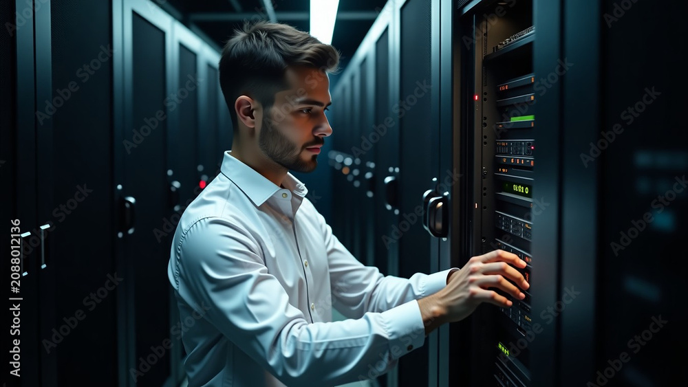 Fototapeta premium An IT specialist in iteration a white shirt works diligently in a busy server room