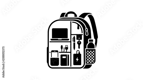 Minimalist Black and White Vector Illustration of an Organized Travel Backpack with Essential Daily Accessories and Gadget Storage