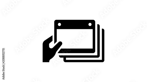 Black and White Vector Icon Depicting a Hand Selecting or Flipping Through Multiple Paper Sheets or Calendar Pages for Organization Tasks