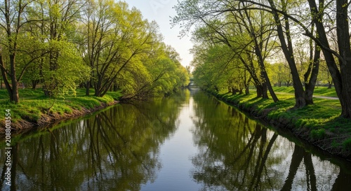 A serene river flows gently through a lush forest with trees reflecting on the calm water surface in a natural landscape.