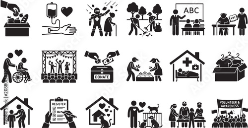 Foto Set of black and white social charity and volunteering icons for community suppo