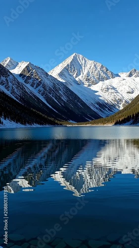 Snowy mountain peaks reflecting in a calm alpine lake under a clear blue sky in a serene landscape