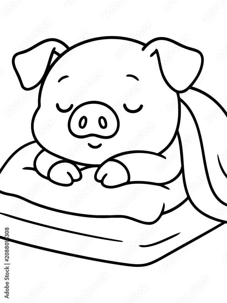 Obraz premium Cute pig sleeping: A cartoon illustration of a cute little pig sleeping soundly on a pillow, dreaming sweet dreams.