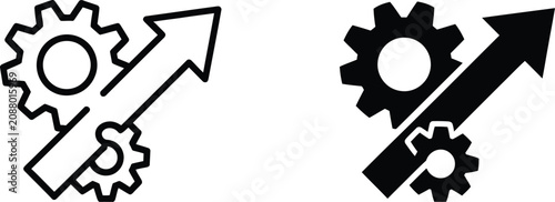 Process Optimization Icon in line, filled, outline, and solid styles featuring gears, upward arrow, productivity improvement, automation, and business growth.