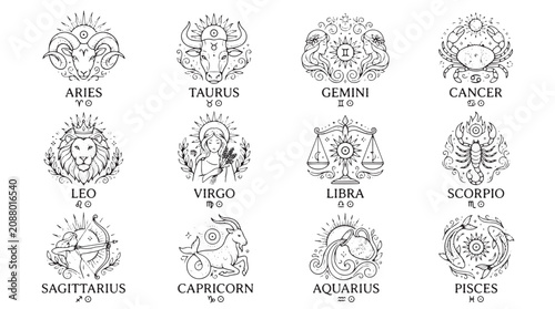 Foto Zodiac signs collection with 12 astrology icons, mystical horoscope symbols in t