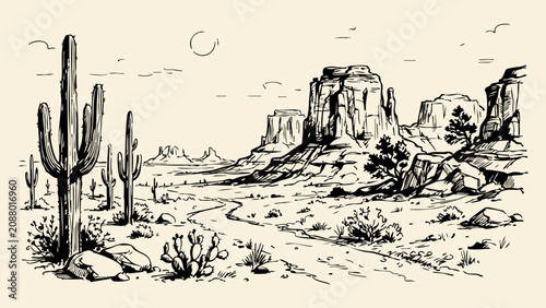 Hand Drawn Desert Landscape Sketch Vector