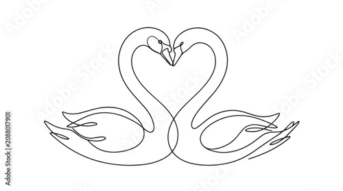Minimalist swan heart line art, elegant continuous line drawing of two swans in love, romantic bird silhouette vector for wedding invitations