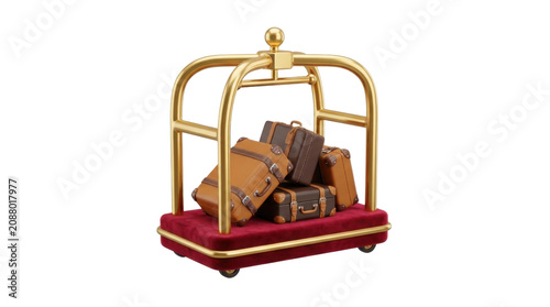 Classic golden luggage trolley holding multiple brown leather suitcases on red velvet pad.