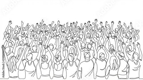 Music festival concert crowd cheering continuous line art vector of people raising hands at live show