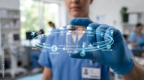 Close-up worker presenting futuristic vaccine vial, showcasing medical innovation digital supply chain concept business solutions.