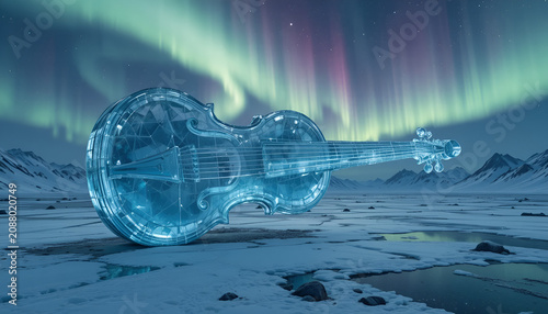 Surreal landscape, colossal ice violin, illuminated by northern lights, artistic creation,