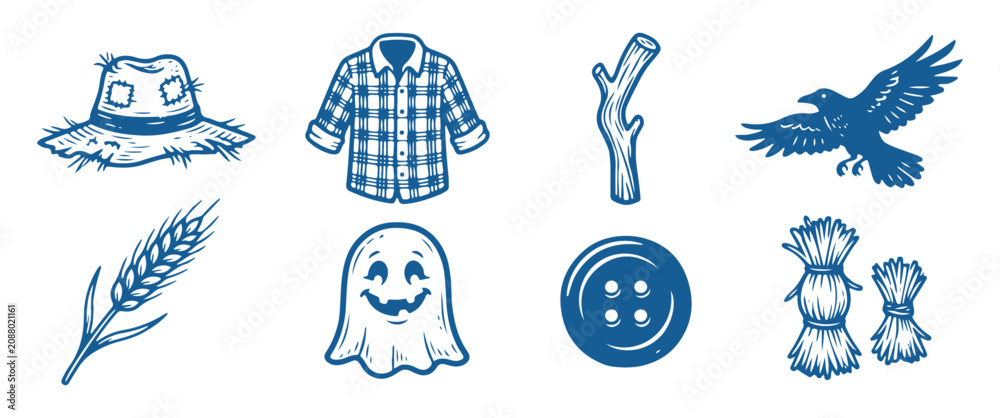 Fototapeta premium Halloween icons set with scarecrow, ghost, crow, and farm elements in blue outline style