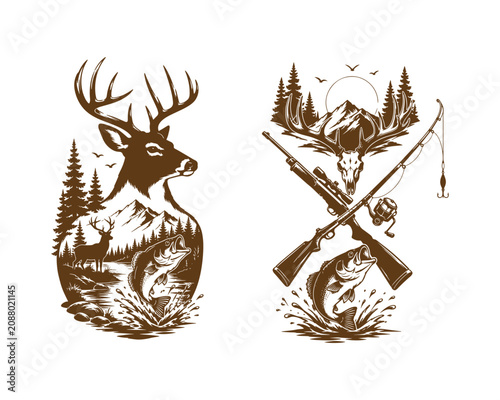 Vintage Deer Hunting and Fishing Vector Illustration Wildlife Outdoor Adventure Design