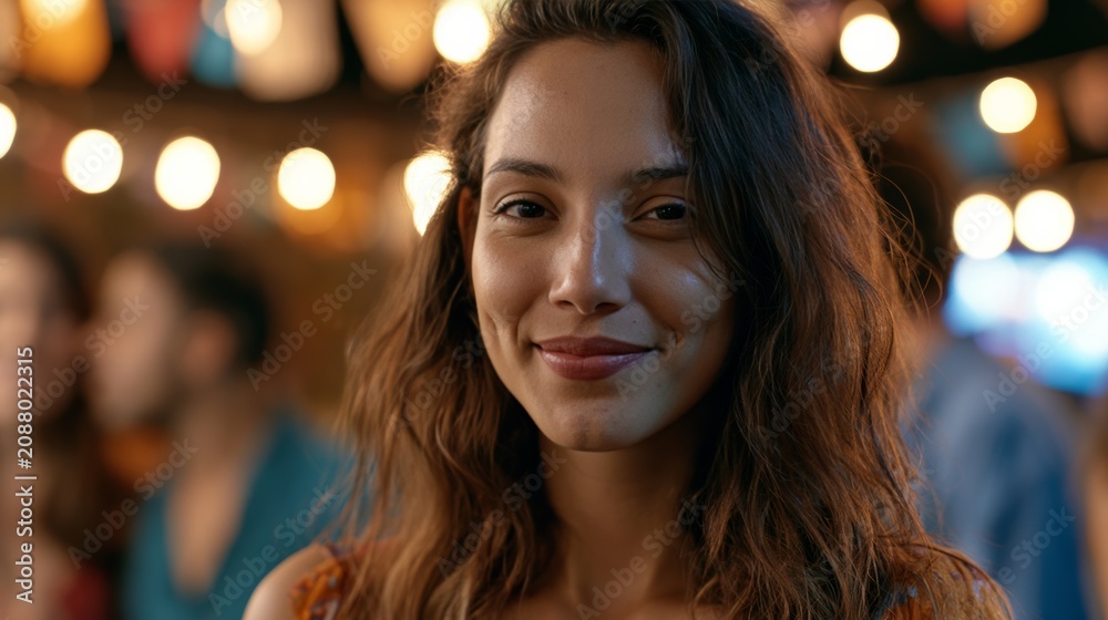 Obraz premium Young woman smiling at a lively outdoor evening gathering with bokeh lights