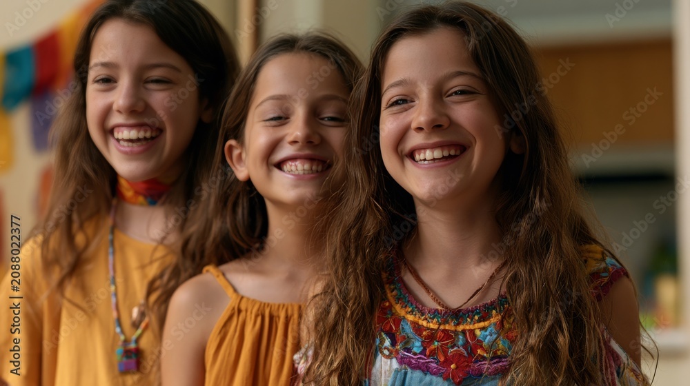 Fototapeta premium Three happy young girls with long brown hair smiling together outdoors