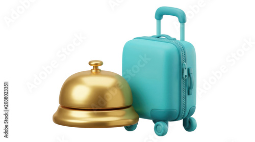 Isometric view of a shiny golden hotel bell next to a blue rolling suitcase for travel.