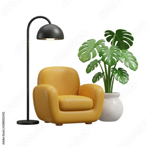 Isometric view of yellow armchair with floor lamp and large monstera plant in a white pot.