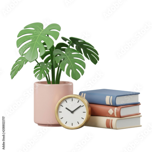 Isometric view of monstera plant in pink pot with stack of books and a classic clock.