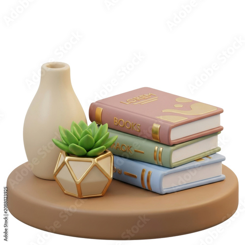 Stack of books with succulent plant and vase on round shelf representing home decor.