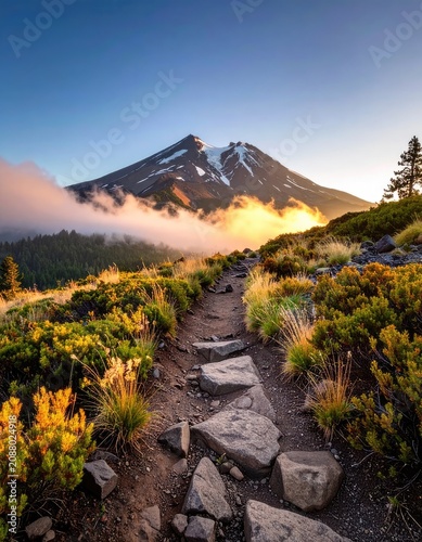 A scenic mountain path leading towards a majestic snow-capped peak at sunrise.