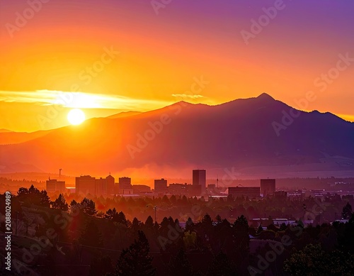 Vibrant sunset over a city skyline with mountains in the background.