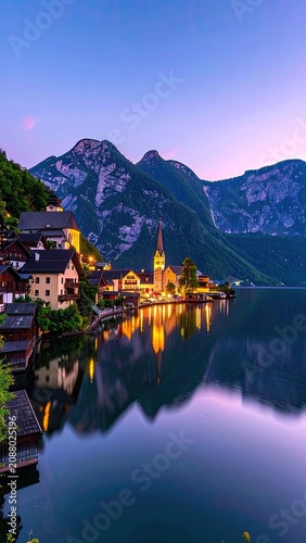 Picturesque Hallstatt village at dusk with dramatic mountain backdrop and lake reflection.