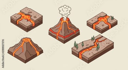 Illustration of five different volcanic landscapes with lava flows and one erupting volcano