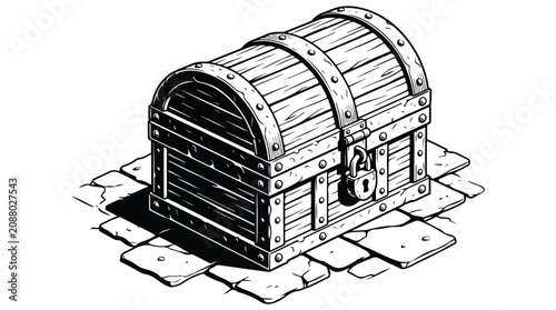 Vintage Wooden Treasure Chest Line Art Illustration