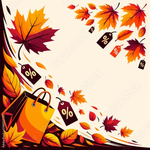 Autumn sale falling leaves composition with maple leaf transforming into price tag — branding template