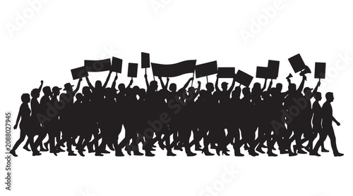фотографія Silhouette of a large crowd of protesters marching with banners and signs on whi