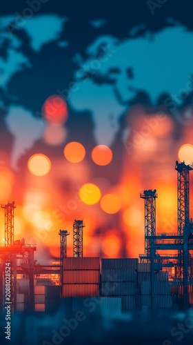 Industrial cranes and containers with a blurred cityscape and world map background, symbolizing global trade and logistics.
