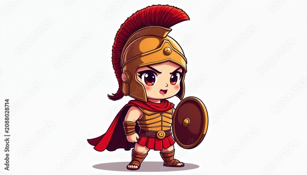 Fototapeta premium Cute chibi Spartan warrior cartoon character wears golden helmet with red crest, armor. Brave little fighter holds round shield for protection. Small mascot stands ready for battle in ancient Greece