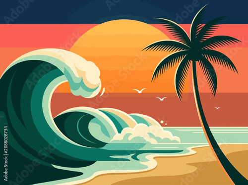 Retro Tropical Beach Sunset with Big Wave and Palm Tree Vector Illustration
