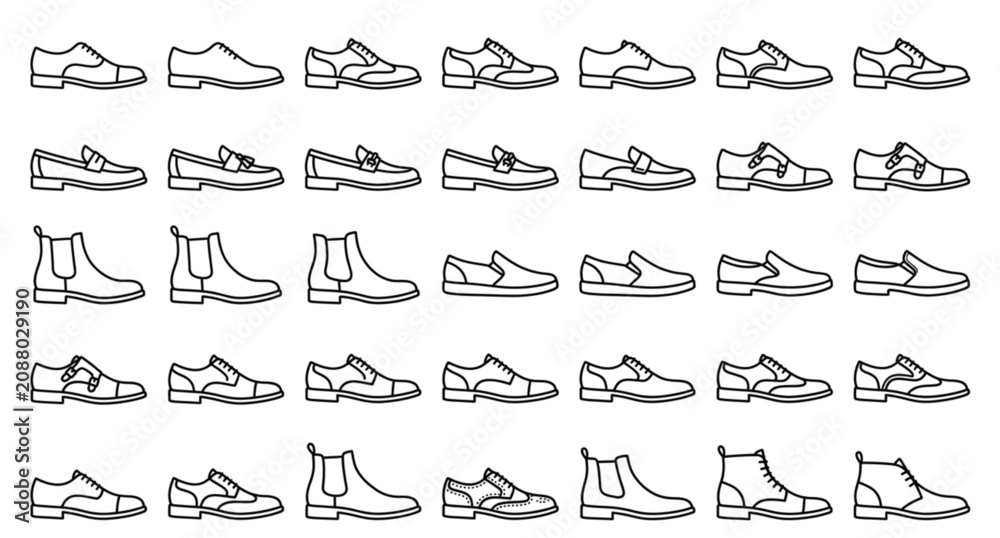 Obraz premium Minimal Leather Shoe Icon Pack with Formal Footwear Outline Vector Symbols
