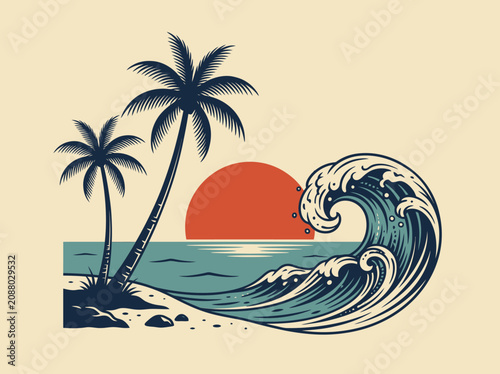 Retro Tropical Beach Illustration with Palm Trees and Ocean Wave Sunset