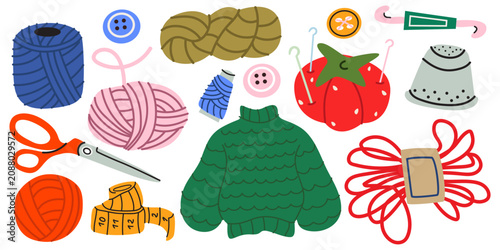 Bild auf Leinwand Hand drawn vector set of knitting and sewing tools