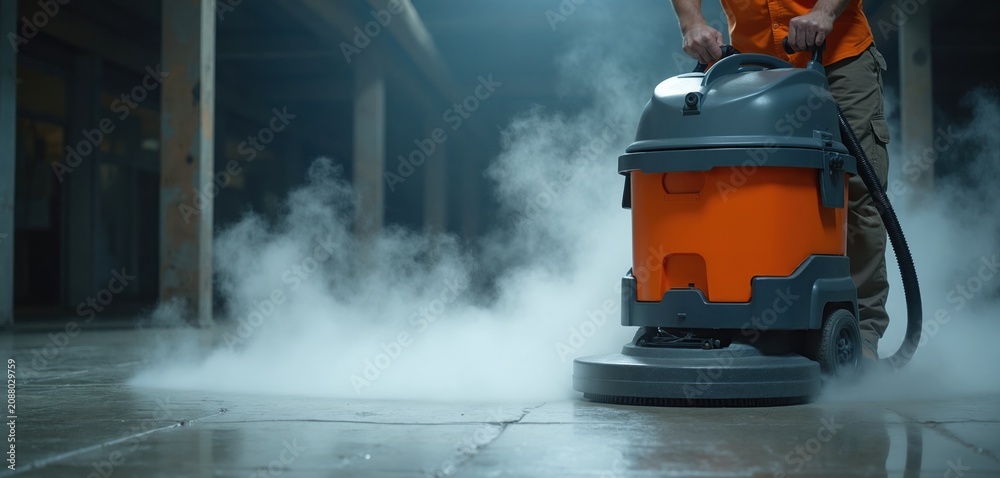 Obraz premium Janitor uses heavy steam cleaner on concrete floor. Machine produces thick vapor and mist. Professional cleaning service for industrial spaces. Deep sanitation process.
