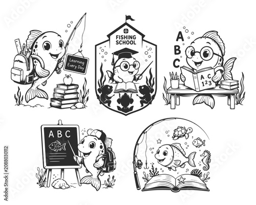 Cute Fish School Cartoon Vector Illustration Back to School Education Design