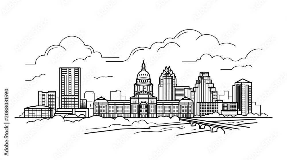 Obraz premium Black and white line art illustration of the Austin, Texas skyline featuring the State Capitol, Frost Bank Tower, and Congress Avenue Bridge over the Colorado River with clouds.