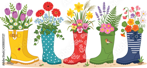 Assorted colorful wellington boots overflowing with vibrant spring flowers in a whimsical garden setting