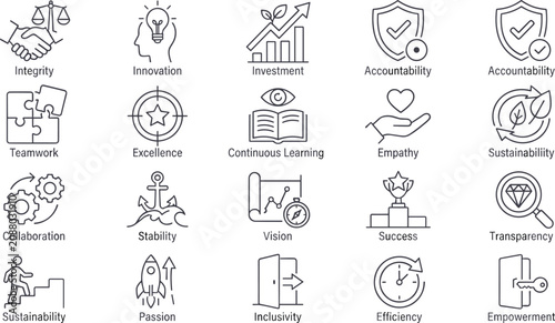 Foto Core Company Values and Business Leadership Line Icon Collection Featuring Integ