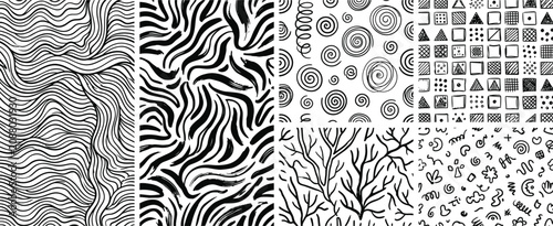 Diverse collection of black and white hand-drawn patterns in a seamless strip for graphic design backgrounds