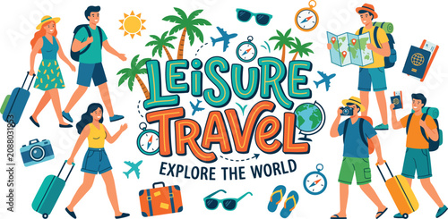 Diverse group of people enjoying leisure travel and exploring the world with luggage and travel accessories