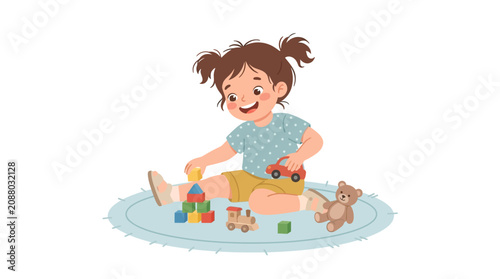 Cute little girl sitting on carpet playing with colorful building blocks and toy cars. Vector illustration.
