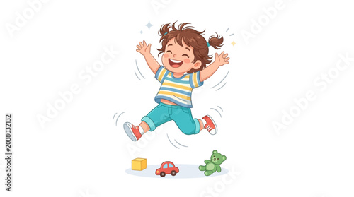 Happy cute little girl jumping with joy surrounded by toys, isolated on white background. Vector illustration.